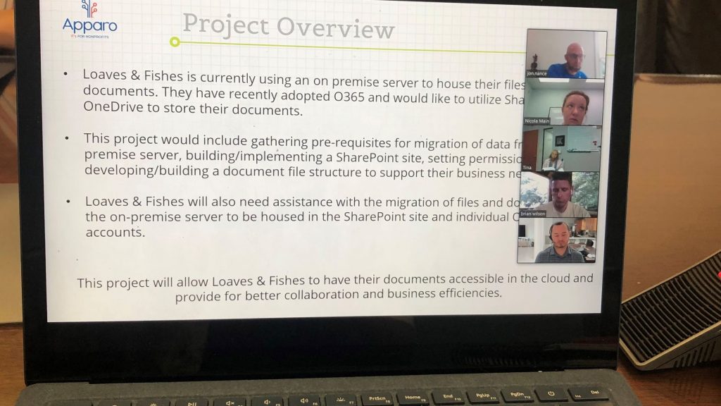 Screenshot of virtual meeting with nonprofit Loaves and Fishes