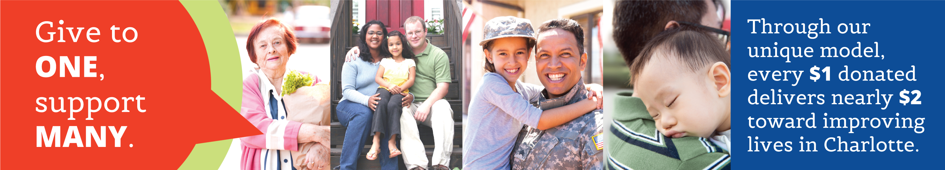 Spring_Fundraiser_Hero_Graphic@2x Collage of mission areas, text that reads give to one, support many.